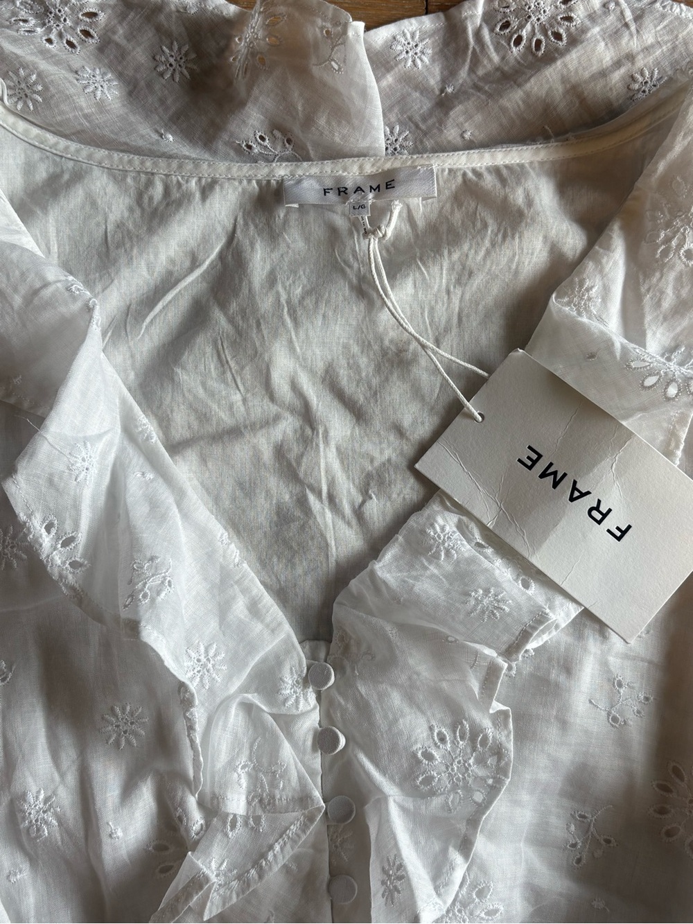 NWT FRAME White Eyelet Ruffle Blouse | Ramie | Long Sleeve | Cottagecore - Picture 2 of 5